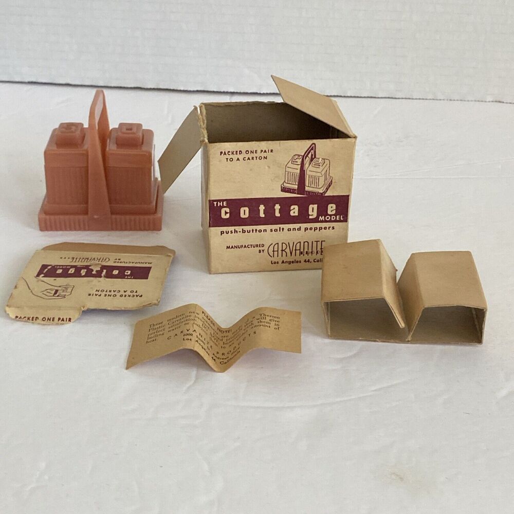 Vintage Art Deco Carvanite 3 Pc Salt Pepper Shaker Set Dusty Rose Box - Picture 15 of 16
